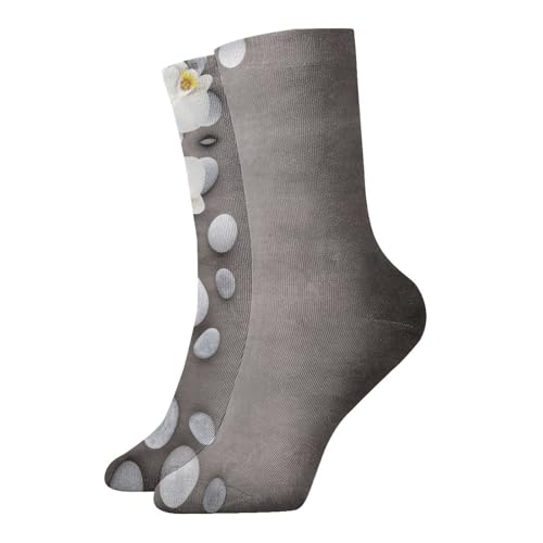 Zcmkjlg Calcetines gruesos y acogedores de flores blancas con piedra, calcetines casuales con estampado completo para hombres y mujeres, uso diario en casa