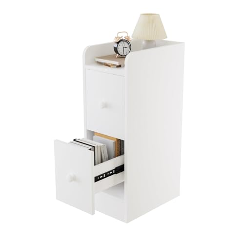 Mesita de Noche Estrecha con 2 cajones – 30 x 20 cm Estante Estrecho, cómoda para Dormitorio Blanco, 58 cm de Altura Armario nicho, Mesa Auxiliar o pequeño Armario para Habitaciones