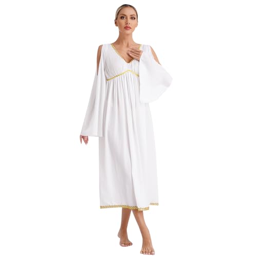 Oyolan Femme Déguisement Déesse Romaine Grecque Costume Grèce Antique Robe Tenue Halloween Carnaval Fête S-4XL Ivoire XXL