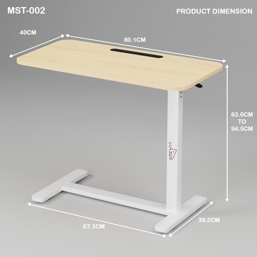 Image of Lukzer MST-002 White Frame Brown Oak Top Overbed Table with Wheels | Adjustable Height Laptop Desk for Bed & Sofa | Rolling Bedside Table for Home, Hospital & Office (40x80x95 cm)