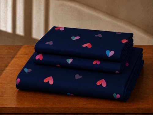 Image of Castiqa Elastic Fitted Supersoft Premium Polycotton 200TC King Size Bedsheet with 2 Pillow Covers (Fits Upto Mattress of 8 Inches) (Blue Multi Heart, Full 72x78x8 Inch)