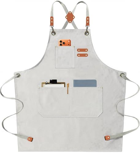 AFUN Chef Aprons for Men Women with Oversized Pockets 16-Ounce Cotton Canvas Cross Back Heavy Duty Work Apron (Beige)