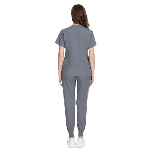 Image of VIAOLI Scrubs for Women Set Modern V-Neck Top & 8 Pocket Jogger Pants Nursing Uniform Solid Stretch Workwear