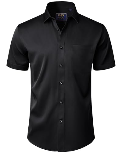 J.VER Black Dress Shirt for Men Button Down Short Sleeve Shirts Solid Wrinkle Free Casual Tops with Pocket for Summer L