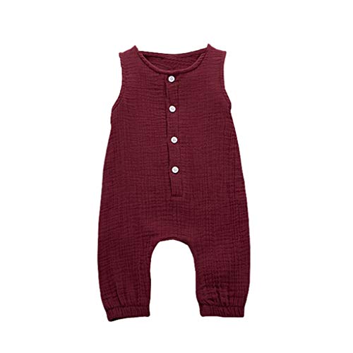 Xmiral Infant Baby Jungen Mädchen Weste Strampler Unisex Einfarbig Ärmellose Knöpfe Overall Plissee Baumwollmischung Bodys Playsuit(a Wein,6-12 Monate) Cover