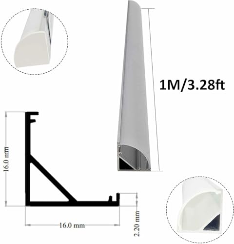 Image of Lighting (16x16mm) Aluminium Round LED Strip Lights 1Meter Aluminium Round Profile Light Channels Corner with Diffused Cover,End Caps & Mounting Clips Without LED Straight Linear-Pack of 5,Silver