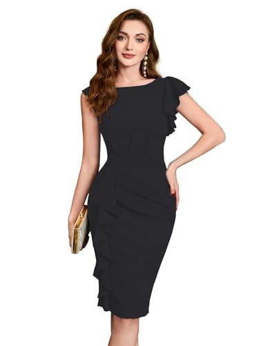 Image of Shasmi Girl's & Women's Asymmetrical Sleeve Ruffle Trim Cocktail Party Fitted One Piece Knee Length Midi Dress for Women Stylish Dresses (Midi 169)