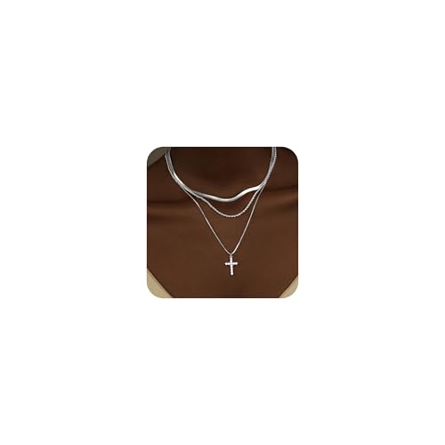 Gold Layered Necklaces for Women 14K Gold Silver Plated Cross Necklace for Women Stackable Herringbone Choker Twisted Rope Chain Cross Pendant Necklace Trendy Waterproof Non Tarnish Christmas Faith Gifts