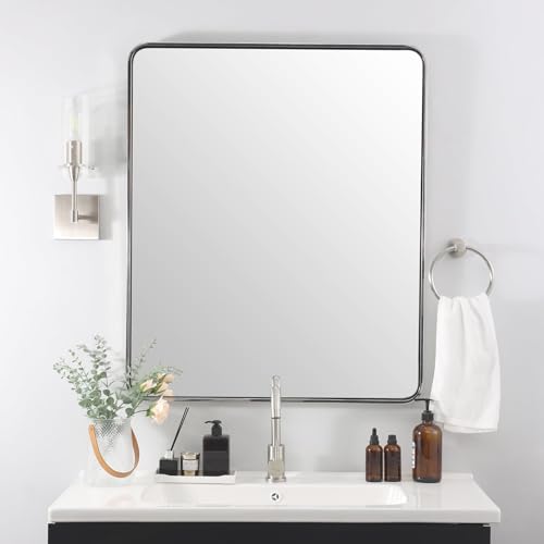 Image of ANDY STAR Chrome Bathroom Mirror, 30x36'' Rounded Rectangle Mirror Polished Silver Bathroom Vanity Mirror Metal Framed, SUS304-Anti-Rust, Tube Frame, Wall-Mounted Horizontal /Vertical 1'' Deep