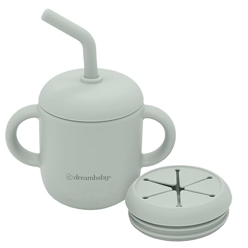 Dreambaby Silicone 3-in-1 Sippy Cup with Straw, Open Training Cup, and Snack Cup - Spill Proof Baby Snack Food Container, Seafoam, L5032A