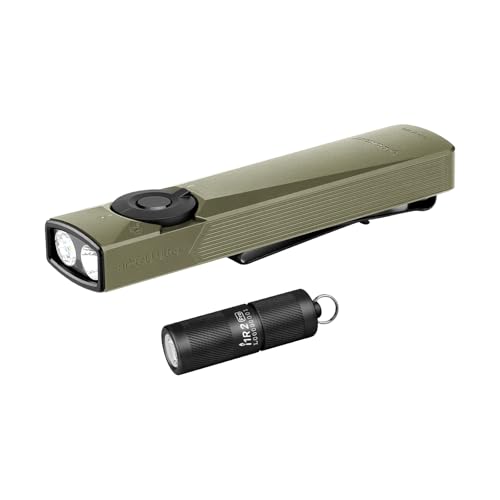 OLIGHT Arkfeld Ultra Cool White 1400 Lumens EDC Flat Flashlight Bundle with I1R 2 Pro Eos 180 Lm Rechargeable Keychain Flash Light
