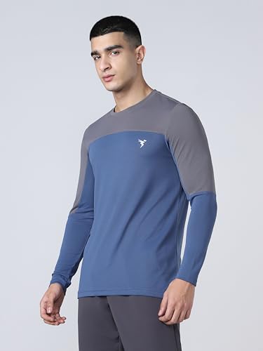 Image of TECHNOSPORT Men Colorblock Slim Fit Round Neck T-Shirt with TECHNOCOOL+ (Light Blue) Gym Tee Dry Fit T Shirt for Men Sports Top for Him
