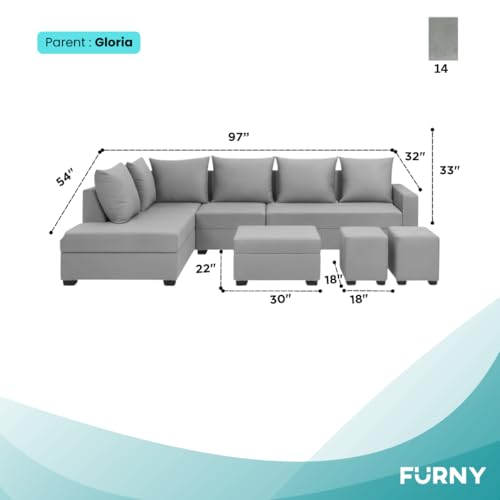 Image of FURNY Gloria 8 Seater Fabric LHS L Shape Sofa Set with 1 Centre Table & 2 Puffy (Light Grey) Premium Velvet Finish | Ideal of Living Room