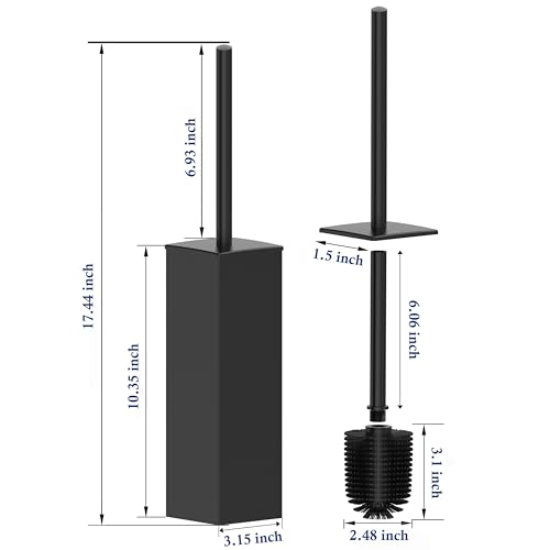 Image of RUACQ Toilet Brush and Holder Set, Square, Matte Black | SUS304 Stainless Steel Handle, Toilet Cleaner Brush with Durable Scrubbing Bristles, Splash-Proof