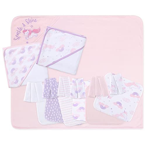 Image of The Peanutshell Baby Bath Towel & Wash Cloth Set in Pink/Purple/White, 23 Pieces, Unicorn & Rainbow