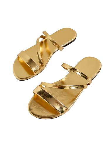 GORGLITTER Women's Metallic Strappy Open Toe Flat Sandal PU Leather Summer Slides Sandals