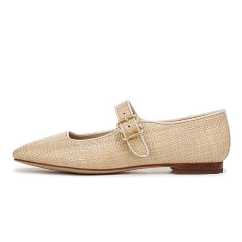 Image of DOEYG Raffia Mary Jane Ballet Flats for Women Square Toe Buckle Strap Ballerina Flats Comfortable Dress Shoes