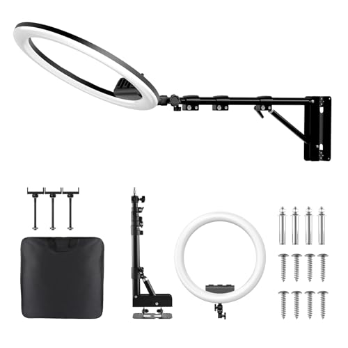 Ring Light Wall Mount with 3 Phone Holder 19 Adjustable Ring Light with Rotatable Boom Arm Space-Saving Overhead Lighting Solution for Studio Photography Salon Beauty Tattoo Light Barber Light