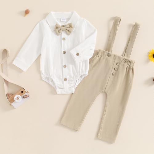 Goocheer Newborn Infant Baby Boy Clothes Suit Bowtie Dress Romper+Suspender Pants Overalls Gentleman Wedding Outfits Formal thumb #8