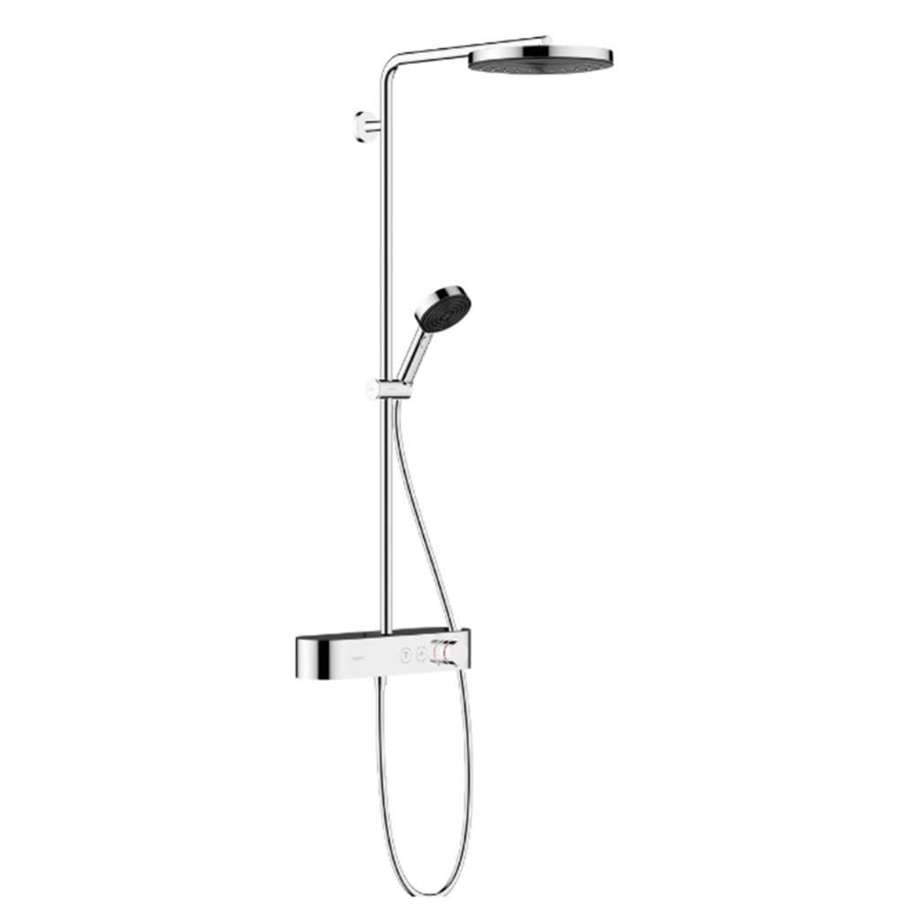 hansgrohe Pulsify S - Colonne de douche avec mitigeur thermostatique, douche pluie (⌀ 260mm) avec robinet, douchette (3 jets), support, flexible de douche, barre et douche de tête ronde, Chromé