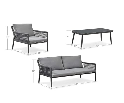 Image of 4 Seater Indoor Outdoor Rope Woven Patio Conversation Set Powder-Coated Iron Frame Handwoven Weaving Rope Modern Sofa for Balcony,Backyard,Living Room,Waterproof Furniture(Grey)