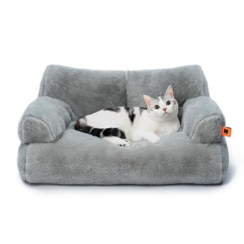 MEWOOFUN Cat Couch Bed for Indoor Cats, Washable Small Dog Beds for Medium Small Dogs & Cats up to 25 lbs, Fluffy Pet Beds with Non-Slip Bottom, 26×19×13 Inch (Grey)