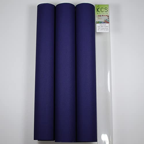 Image of KCS 3 pc of 15 inch x 18 inch Counted Cross Stitch Cotton Aida Cloth Needlework Rolled Fabric Box,14CT,Royal Blue