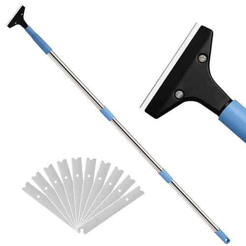 Heavy-Duty Floor Scraper with Long Handle (37-51.5) 4-Inch Metal Scraper Cleaning Tool Comes with 10 Blades Suitable for Cleaning Walls Glass Adhesives Chewing Gum and Ceilings