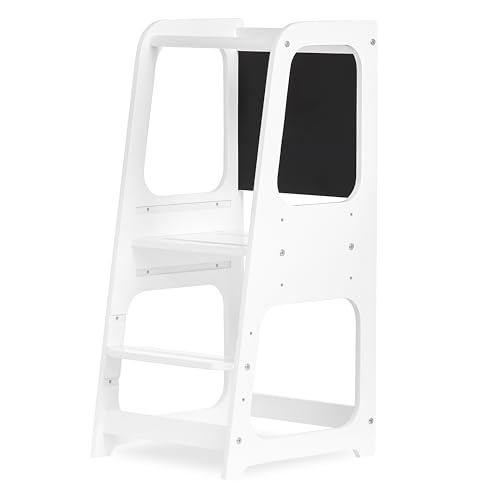 Image of Dream On Me Explora Tower & Step Stool in White – Solid Pinewood Kids Tower with 3 Adjustable Heights, Anti-Slip Base, Chalkboard for Creative Play