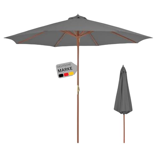 DELUKE® Sonnenschirm aus Holz ANNA Grau | HxB 258x300cm | Sonnenschirm 300 cm Kurbelschirm Standschirm Sonnenschutz Gartenschirm Balkonschirm klassisch