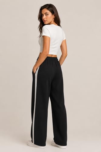 Image of Women's Wide Leg Track Pants | Cotton Blend Relaxed Fit Palazzo Trousers with Elastic Waist & Drawstring | Casual Lounge Wear for Women