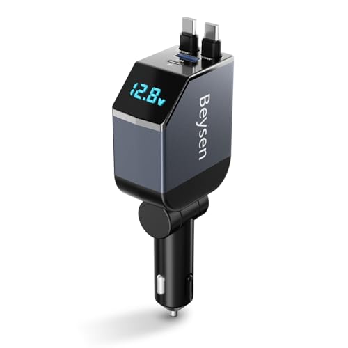 Beysen Retractable 4 in 1 Fast Car Charger - 84W, 2 Retractable Cords (TypeC & USB), Compatible with iPhone 11-16, Gray