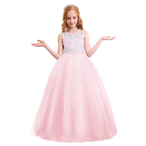 Vestido largo de desfile para niña de tul rosa con acabado premium de fiesta