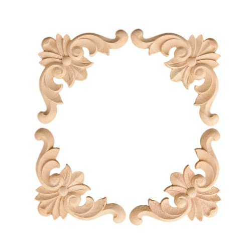 MUXSAM 4pcs Wooden Carved Corner Onlay Appliques Unpainted Wood Carving Decals for Wall Ceiling Furniture Cabinet Cupboard Headboard Sofa Door Mirror, Wood Trim 8x8cm/3.15"*3.15"