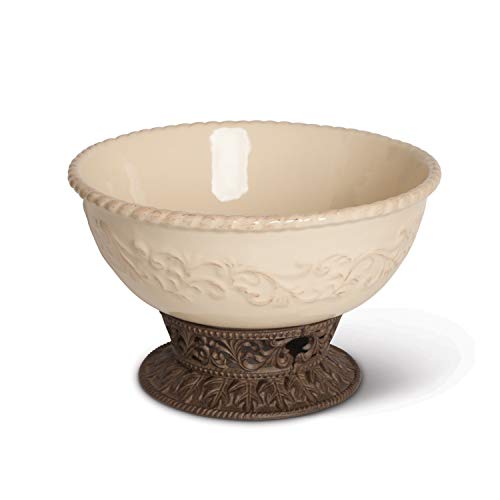 Detailed Embossed Cream Ceramic 12-Inch Dia. Bowl With Beautiful Acanthus Leaf Scrolled Metal Base