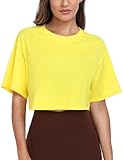 HeyNuts Women's Pima Cotton Workout Short Sleeve Cropped Tops Crewneck Gym Casual Athletic T-Shirt Sunshine Yellow S(4/6)