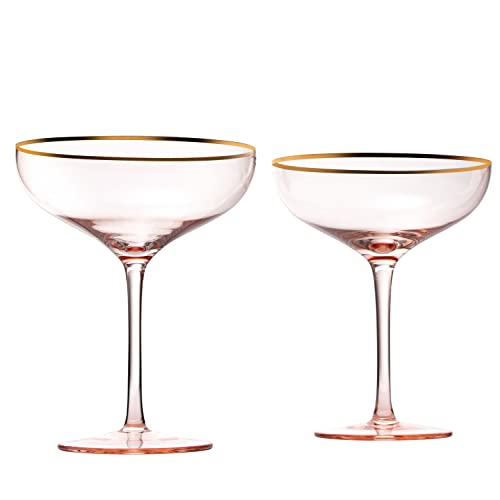 The Wine Savant Colored Blush Pink & Gilded Rim Coupe Glass, Large 9Oz Cocktail & Champagne Glasses 2-Set Vibrant Color Short Gold Vintage Tumblers, No Stem Margarita, Glassware Gift Idea (Coupe) #TOP7