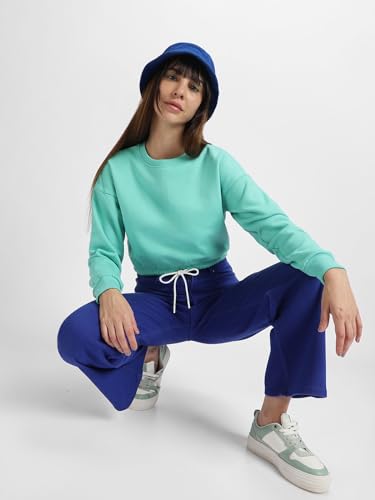 Image of JUNEBERRY Cotton Poly Fleece Regular Fit Pink, Purple Green & Orange Solid Full Sleeve Sweatshirt for Women