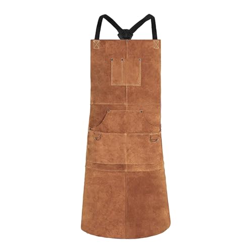 Uqezagpa Delantal de soldadura resistente con máxima protección desde el pecho hasta las rodillas con 6 bolsillos grandes para herreros profesionales, marrón claro, 91*61CM
