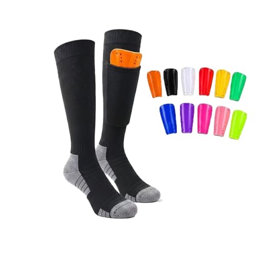 Set espinilleras y Calcetines fútbol con Bolsillo, EVA amortiguación para niños 6-12 años y Adultos, Calcetines Cortos Transpirables Antideslizantes Suela Toalla (S,Purple Guards + Black Socks)