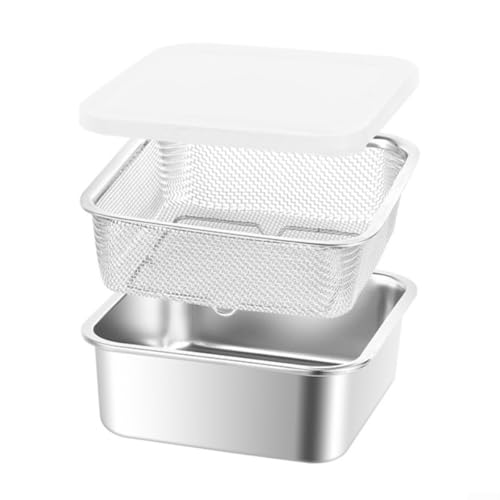 Set di 3 teglie da forno in acciaio inox, con cestello filtrante e coperchio per la conservazione degli alimenti e l'organizzazione del frigorifero (19 x 19 x 7,2 cm)