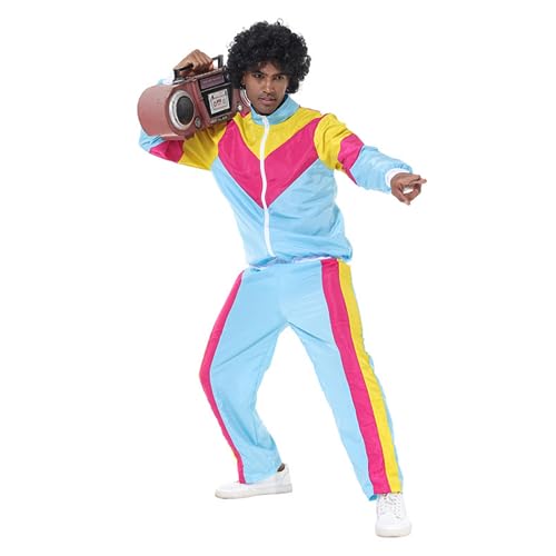 Mens 80s Tracksuit Retro Sportswear Adult Disco Tracksuits Hip Hop Sports Suit Colorblock Jacket Outfits Carnival Set3