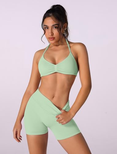 Image of ABOCIW Womens Seamless Workout Sets 2 Piece Strappy Halter Sports Bra Scrunch Butt Shorts Gym Yoga Outfits