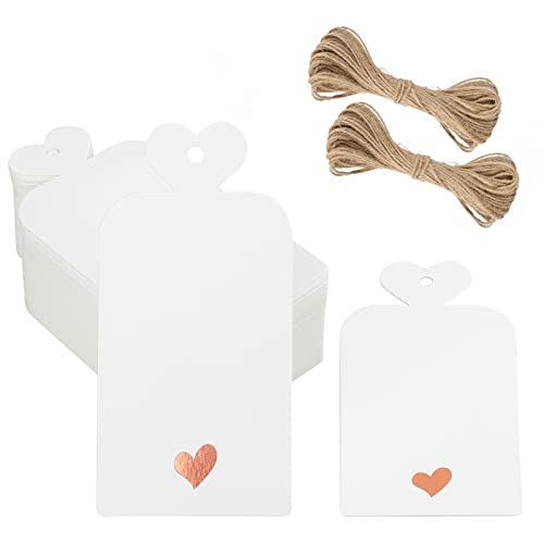 G2PLUS 100PCS White Blank Tags with Heart: Blank Paper Tags with String, 4.5cm x 9.5cm Large Gift Labels for Wedding Favors, Presents, 300g/m²