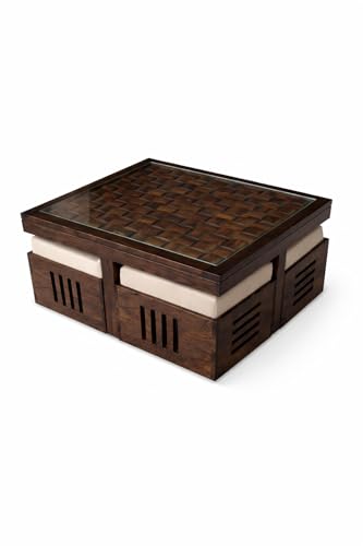 Image of Solid Sheesham Wood Center Coffee Table Set - Includes 4 Stools and Glass top Table Wooden Niwar Design ; Furniture for Living Room, Hall and Office. (Dark Walnut)