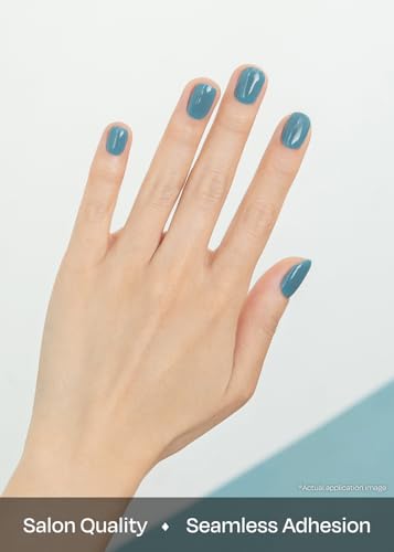 ohora Semi Cured Gel Nail Strips (N Washing Jean) - Blue, Solid, Works with Any UV/LED Lamps, Salon-Quality, Long Lasting, Easy to Apply & Remove - Includes 2 Prep Pads, Nail File & Wooden Stick