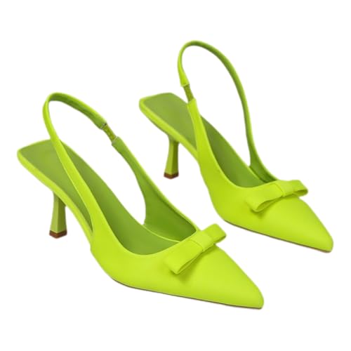 FRHDTVFN Women's Pointed Toe Slingback Heels, Neon Green, Bow Detail, Kitten Heel (Soft Green, Adult, Women's, 7, Digital, US Shoe System, Medium (Medium))