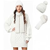 Cutecrop 3 Pcs Winter Women Long Sleeve Oversized Cable Knit Sweater Dress 2025 Winter Chunky Pullover Beanie Hat Scarf(White,M)