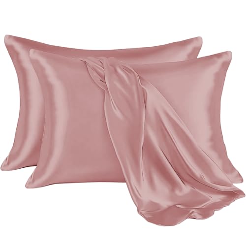 Satin Silk Pillowcase for Hair and Skin - Soft Breathable Smooth Both Sided Silk Pillow Cover Pair - Standard Size 48x75cm 2 Piece (Rose Cloud - Standard)
