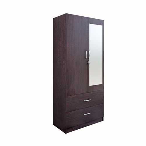 Image of VIKI Wardrobe | Albarracin Wardrobe | Wooden Almirah for 2 Door Wardrobe with 2 Drawer & Hanging Space with Mirror (Dark Wenge - 40D x 80W x 180.8H) | 1 Year Warranty | Free Assembly